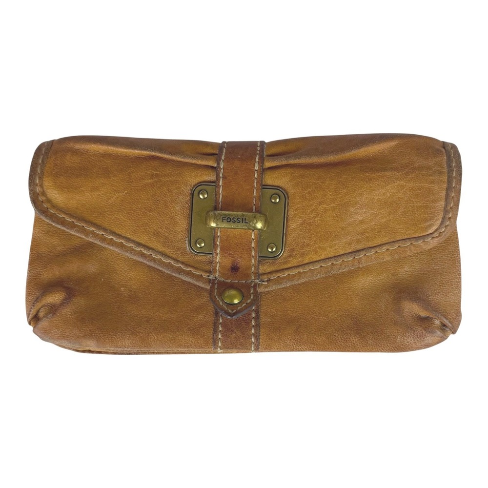 Fossil Brown Leather Clutch Wallet Fold Over Snap Closure Zippers Classic Retro